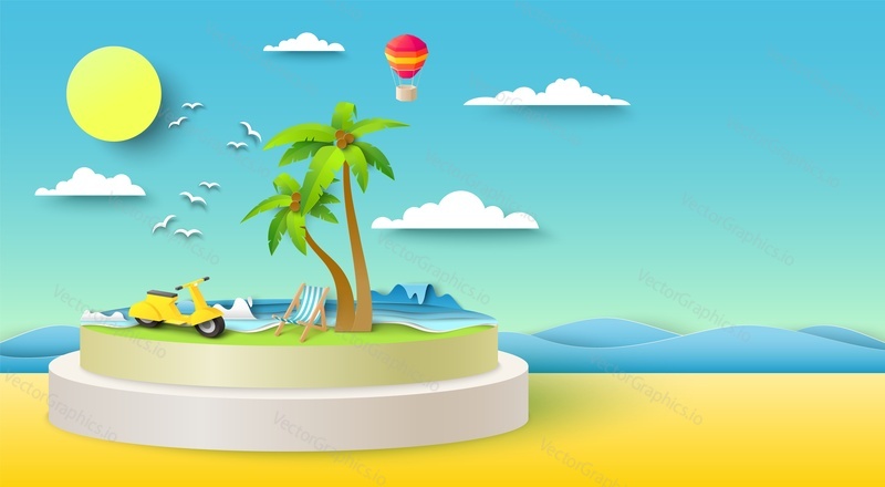 Summer sea beach vector. Travel paper cut art poster. Tropical holiday vacation background. Origami island with palm tree, ocean water wave and sky. Adventure and tourism