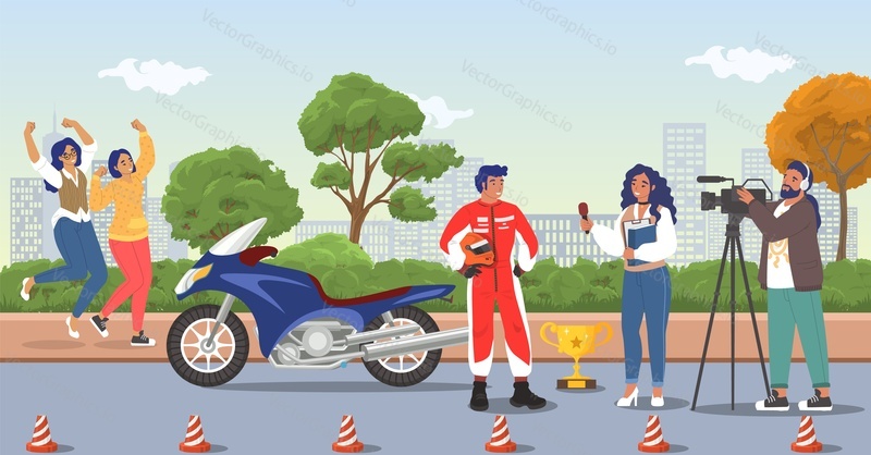 Journalist interview. Sport reporter, tv correspondent interviewing motorcycle racing winner vector scene