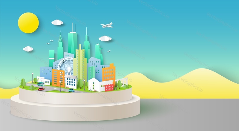 Paper city background vector. Green town art design. Building and nature environment. Urban illustration. Eco landscape with origami house