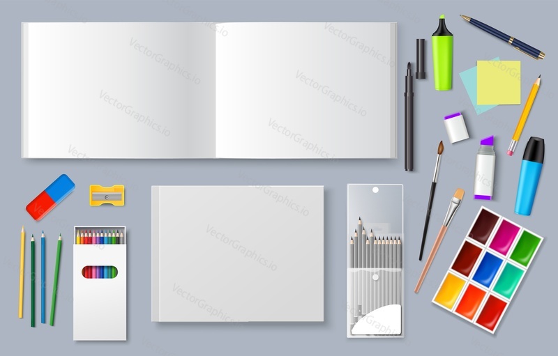 Painting art stationery vector. Realistic 3d set of painter pen, pencil, marker and brush tool, paint palette, paper sticker, sketchbook