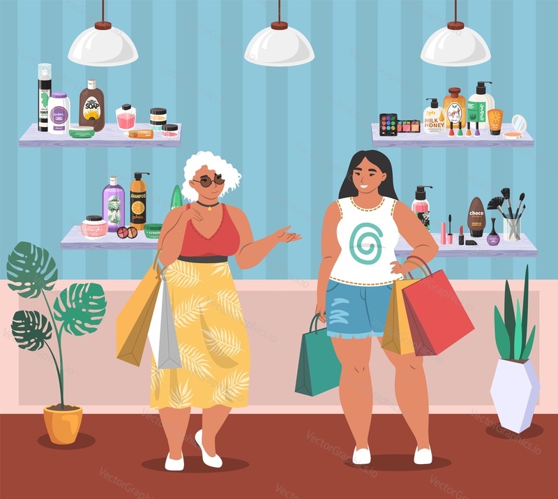 Beauty cosmetic store, makeup shop illustration. Vector woman choosing skincare product. Girl cartoon character at perfumery department. Assortment variety on shelf