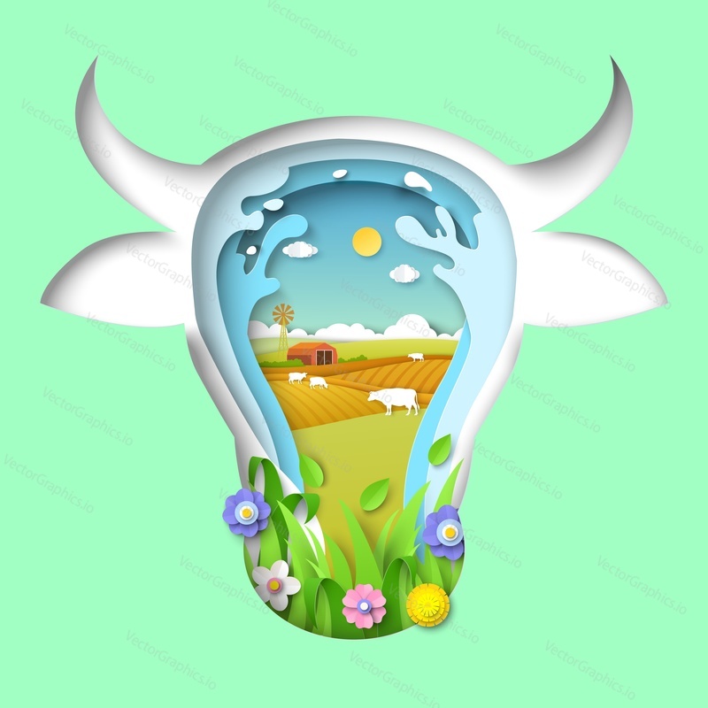 Cow farm and organic dairy food, meat, milk production. Vector animal head paper cut art design with farmland, field landscape and flower decoration in yogurt splash craft style