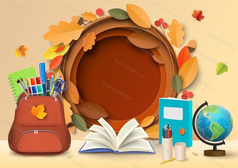 Back to school paper cut vector illustration. First september card in craft style. Knowledge day poster with layered effect. Maple, oak leaves and study accessories with round empty copy space for text