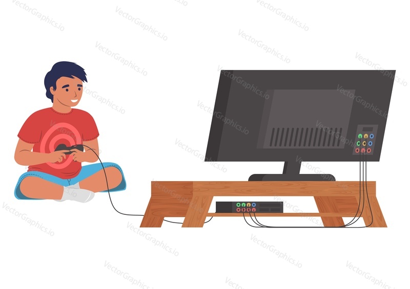 Mladý chlapec hraje videohry online pomocí tv a gamepad joystick vektorové ilustrace. Teenager hráč sedí před televizí na podlaze izolovaných na bílém pozadí