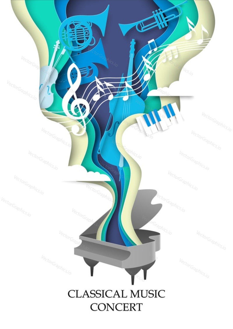 Classical music concert paper cut vector poster. Piano art design with different musical instrument and melody notes. Orchestra festival, acoustic or opera performance
