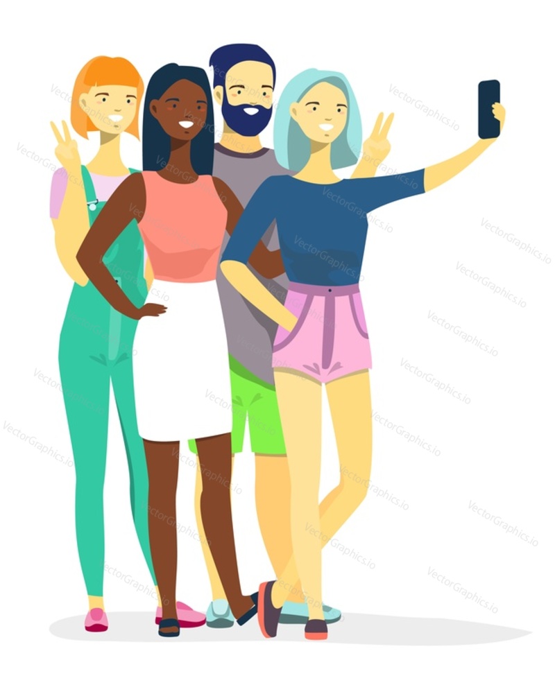 Různorodé interracial přátelé pořizování selfie fotografie vektorové ilustrace. Šťastný usmívající se skupina lidí pózuje pro mobilní fotoaparát fotografování pro sociální média stojící izolovaných na bílém pozadí