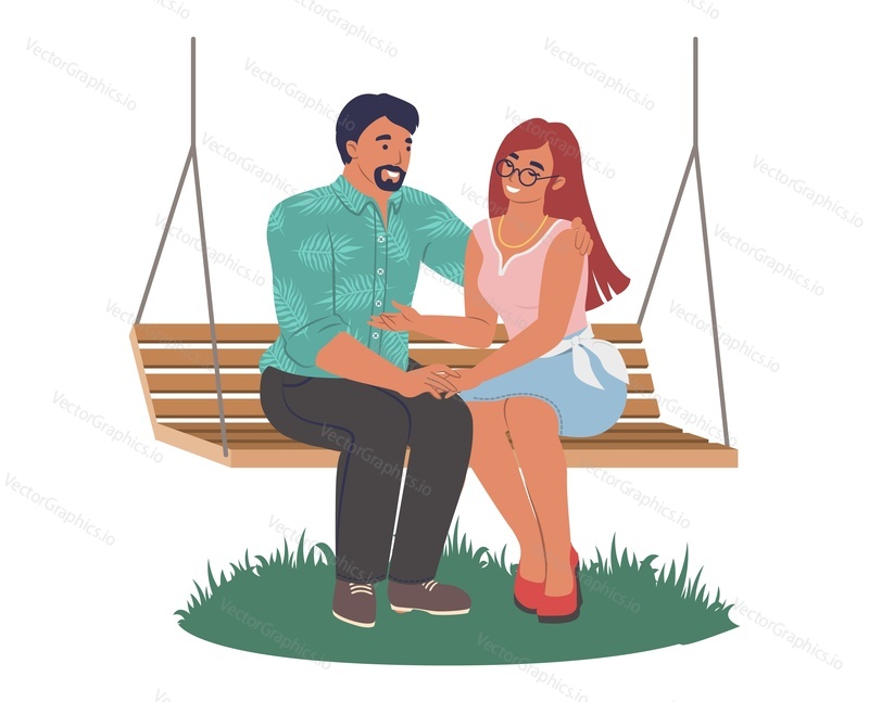 Romantic couple sitting on swing vector illustration. Cartoon lovers enjoy relationship time having good conversation relaxing in park or playground
