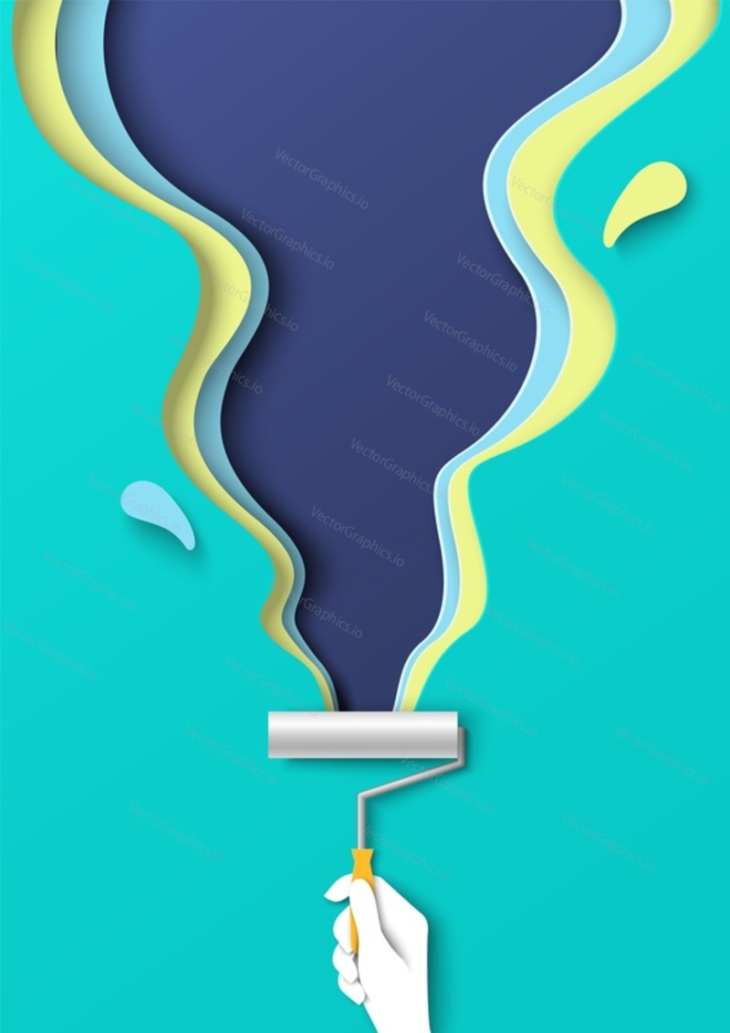 Paint background vector papercut. Brush stroke with paintbrush in craft art style vector. Creativity and renovation concept. Hand holding roller brush and drawing illustration