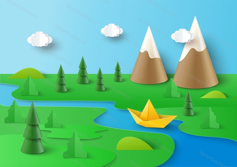 Stáhnout obrázek Papercut nature. Horská krajina 3D umění vektor. Origami Jarní pole prostředí s trávou půdy, nebe a skalní vrchol, loď plovoucí v řece ilustrace