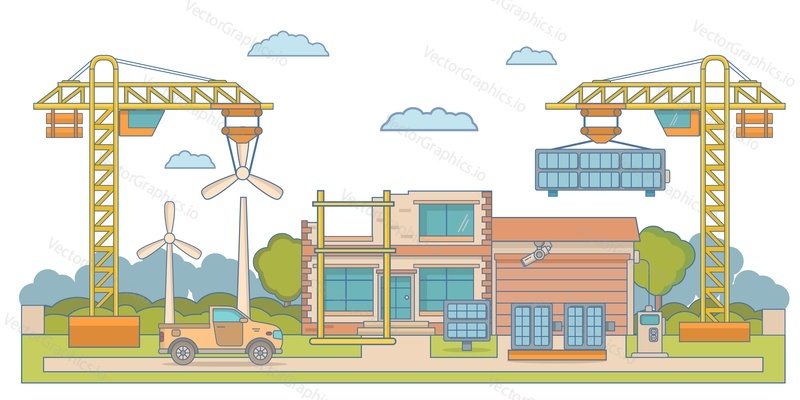 Vektor instalace inteligentního energetického systému z obnovitelných zdrojů energie. Solární panely, větrné turbíny pro vysokonapěťový přenos elektřiny ilustrace staveniště