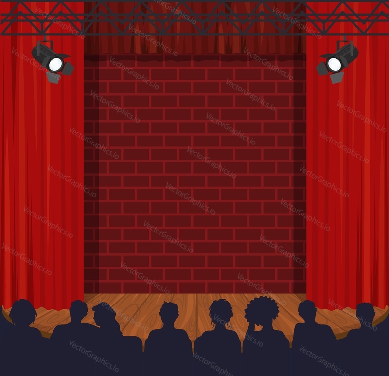 Stage hall, theater scene with red curtain and spotlight vector illustration. Audience sitting on seats waiting for performance presentation or show concert