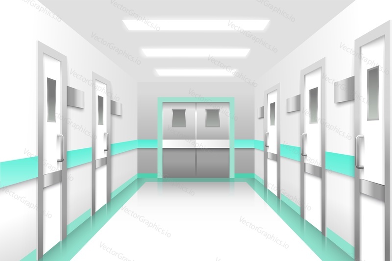 Nemocnice koridor realistický vektor. Klinická kancelářská chodba nebo nouzové centrum vnitřní ilustrace se zavřenými dveřmi do ordinace a pracoviště lékaře