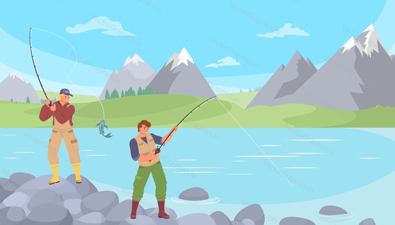 Fisherman using rod catching fish at mountain river bank vector illustration. Fisher man enjoy active lifestyle. Sport hobby and tourism concept
