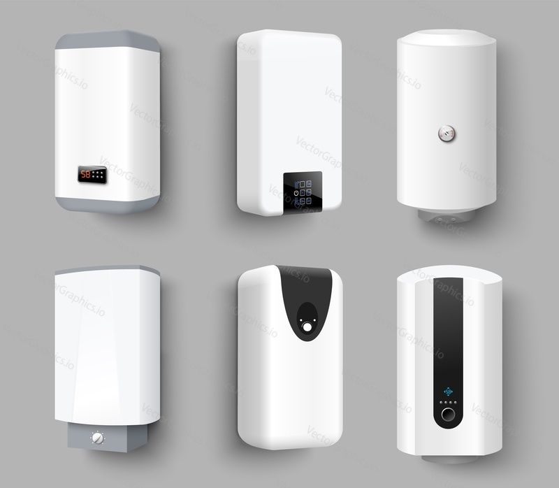 Realistic electric or gas water heaters and boiler vector set. Air climate equipment mockup. Different mode of home appliance illustration. Automatic smart heating system for house