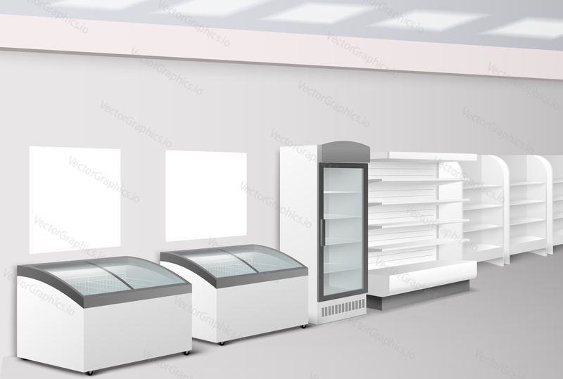 Food store interior design with empty wall shelf, mini fridge cooler and drink refrigerator. Realistic retail shop or supermarket equipment realistic mockup vector illustration