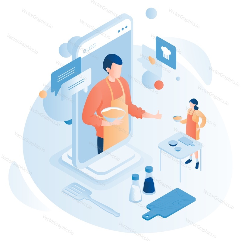 Woman watching cooking video blog on mobile phone. Food blogger giving new recipe and female follower isometric vector. Education masterclass, virtual tutorial for meal preparation learning