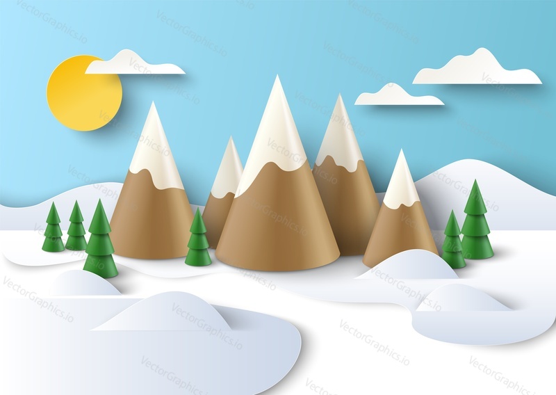 Zimní hory krajina vektor 3D art design. Zasněžené údolí s vrcholem hory a lesním stromem tapety pozadí. Nový rok a Vánoční koncept