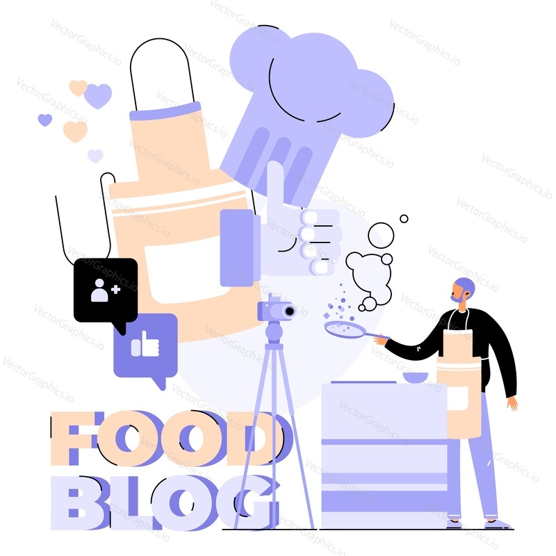 Chef cooking food creating video recipe on kitchen vector. Culinary workshop, online class of virtual restaurant. Homemade dish preparation teaching service