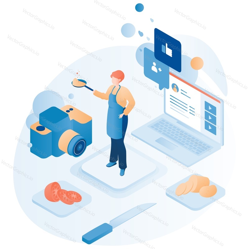 Food blogger cooking vector. Woman chef making homemade pancakes for video blog content. Laptop, camera, recipe ingredient isometric design