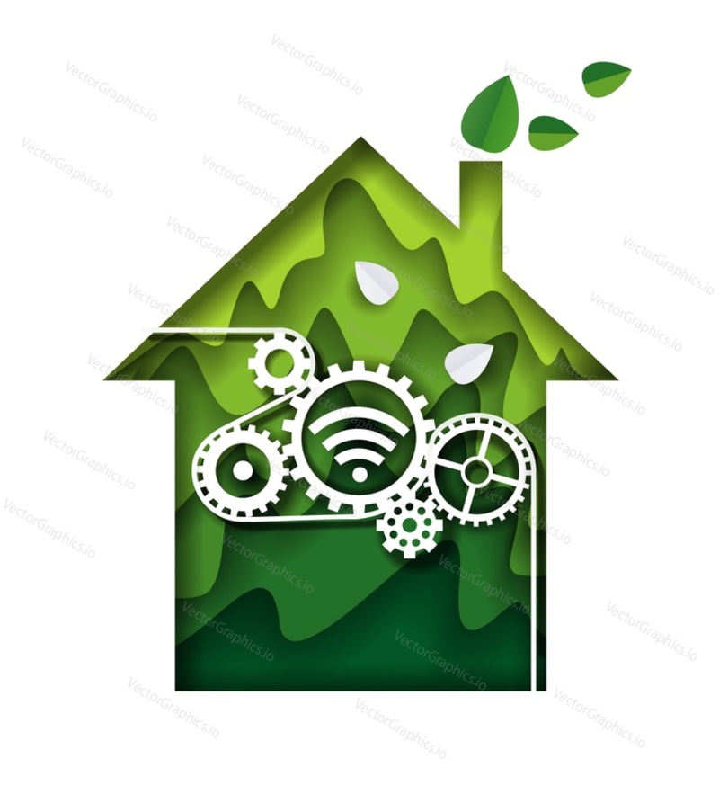 Eco smart home vector logo abstract design in paper cut art style. Renewable energy for private apartment building promotion illustration. Environmental and ecological technology