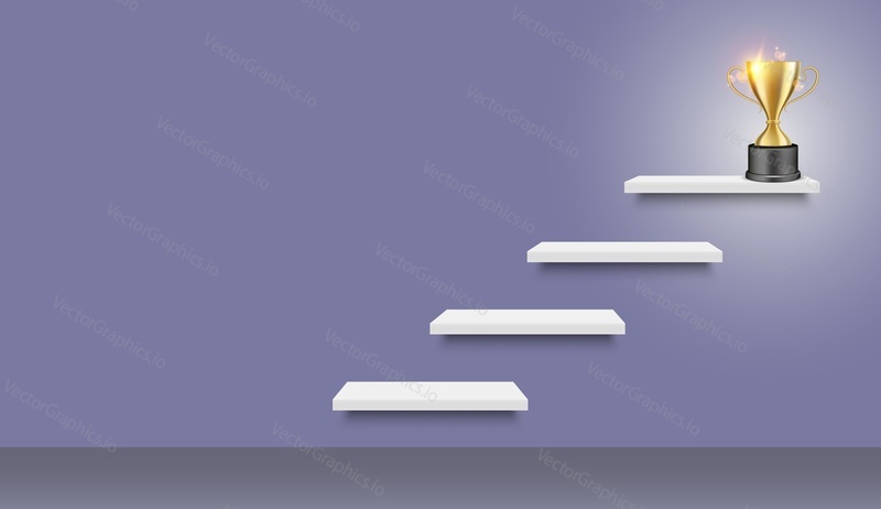 Step to success vector. Progress stairs illustration. Staircase to get prize. Business growth concept. Ladder made form bookshelf with golden goblet trophy cup on last shelf illustration