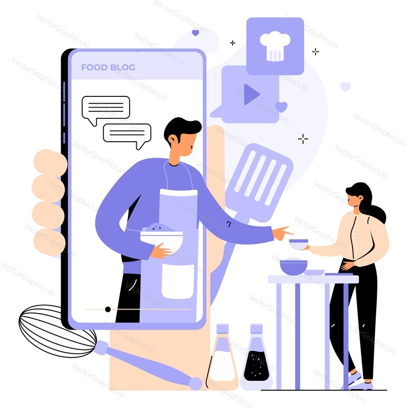 Food blog. Chef teaching woman follower to cook vector. Female watching video tutorial on mobile phone learning new dish recipe preparation