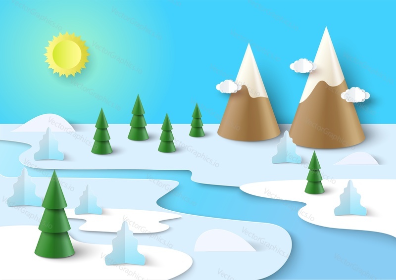 Papercut winter river vector. Horská 3D krajina ilustrace. Origami polní prostředí se zasněženou zemí a skalním vrcholem. Vánoční a novoroční koncept