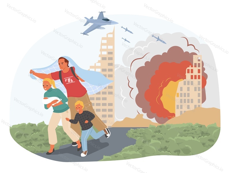 Family fleeing bombing. Mom, dad and little children over burning house after bomb explosion. City on fire. Horror of war concept
