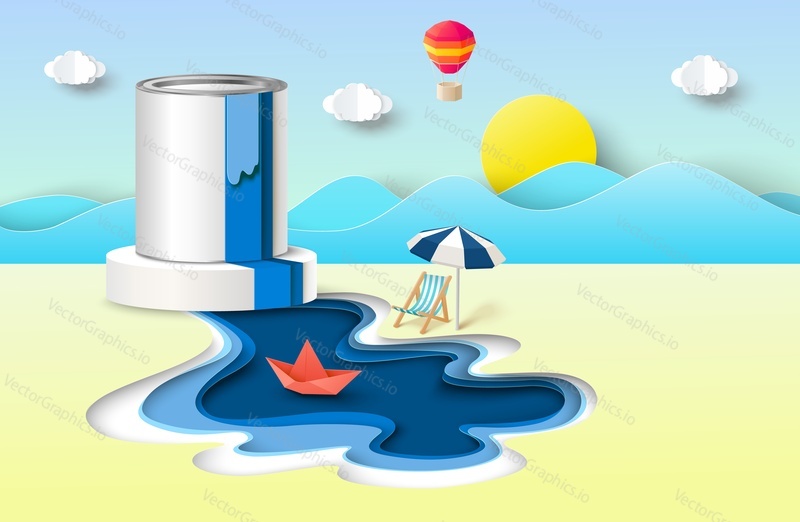 Tin of paint ads vector poster. Packaging can container over papercut seaside creative design. Website banner, promotion brochure template in craft style. Art supply advertisement