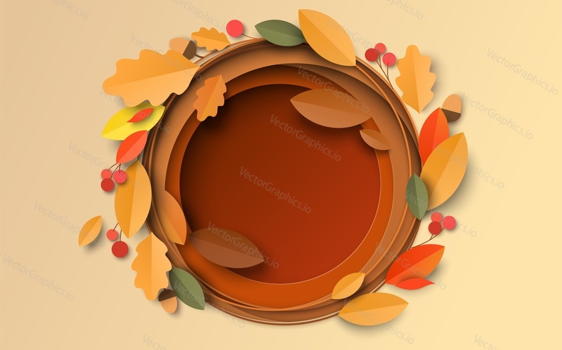 Autumn background with paper cut maple, oak leaves and berry vector. Layered effect, carving art. Design illustration for business presentation, poster, flyer, print