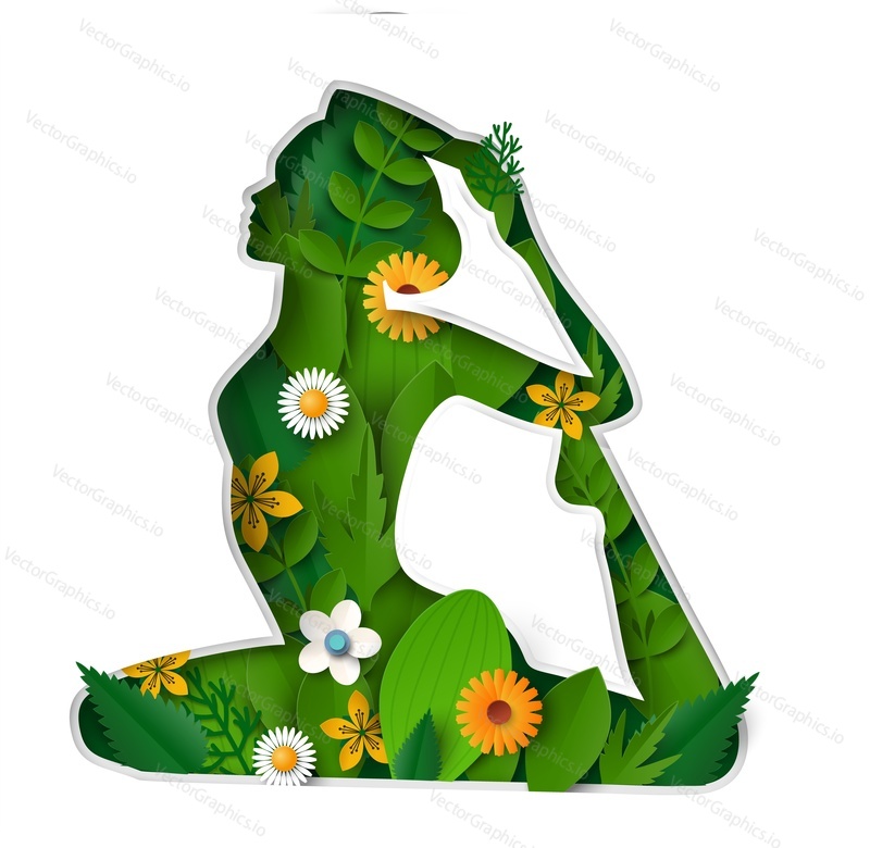 Yoga international day vector icon. Paper cut woman floral silhouette with flower, plants nature illustration. Harmony fitness exercise, balance and flexibility