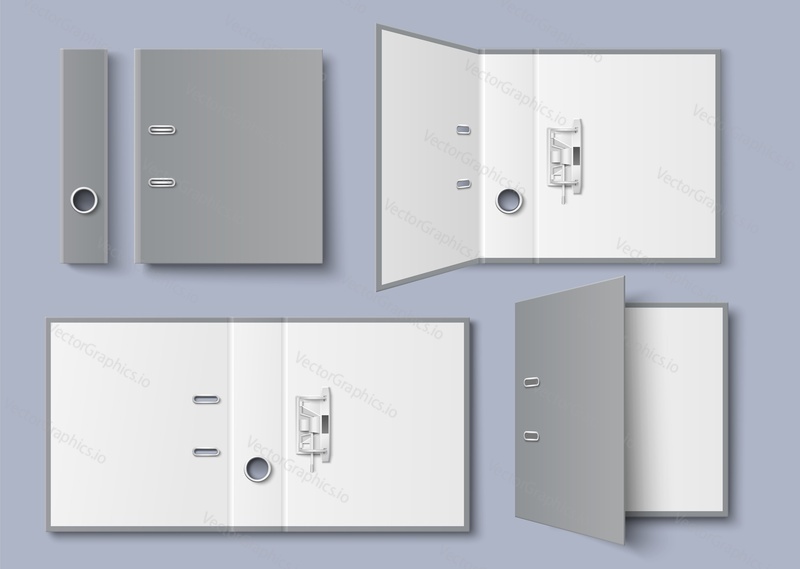 Closed and opened blank office folder mockup. Paper blinder hardcover realistic vector design template with front, side and back view