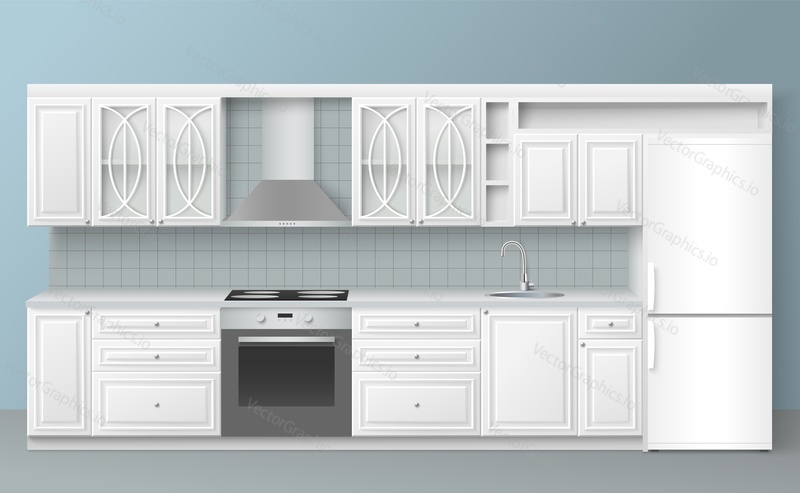 Kitchen design interior project realistic mockup. Vector room furniture with sink, fridge, stove and cooking table counter. Cabinetry and appliance for home cooking
