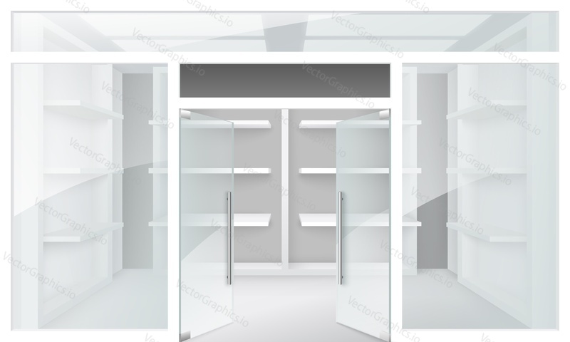 Double glass door for store entrance vector realistic mockup. Opened sliding shop mall or supermarket building doorway. Glass gate handles and shopfront illustration