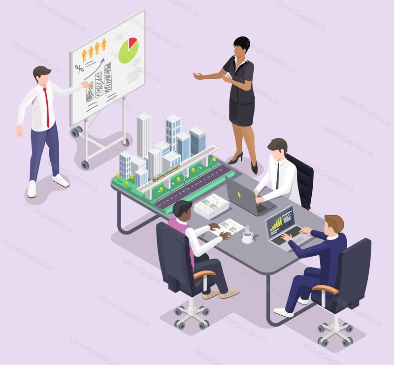 City planning and urban development process. Professional team of architects making, analyzing and discussing building project. People meeting for cityscape creation isometric vector illustration