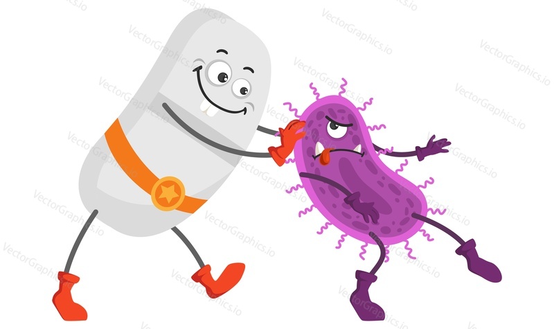 Cartoon cute tablet capsule in superhero costume defeat bacteria, microbe or virus vector illustration. Corona virus, flu or dangerous infection outbreak overcoming concept