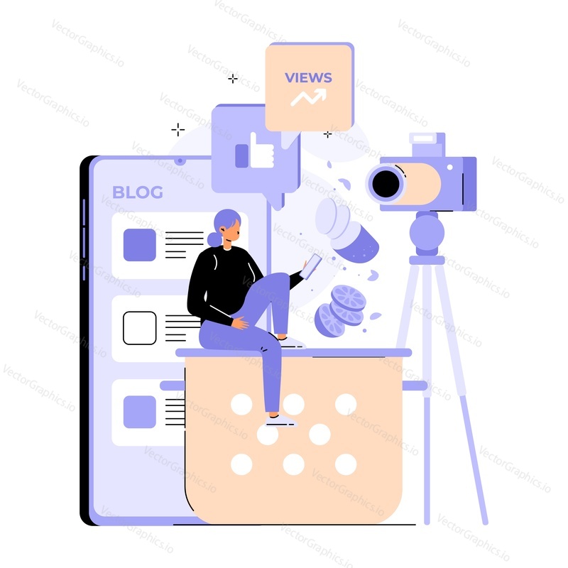 Food blogger creating content vector. Woman recording culinary video on camera for channel in social media. Online cooking course