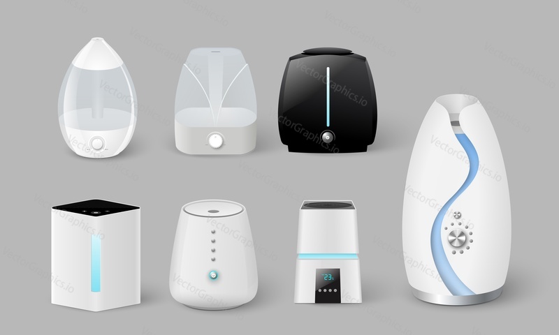 Realistic electronic humidifier for room climate control. Portable home appliance set. Ultrasonic vaporizer, air ionizer and moisturizer quiet bedroom system