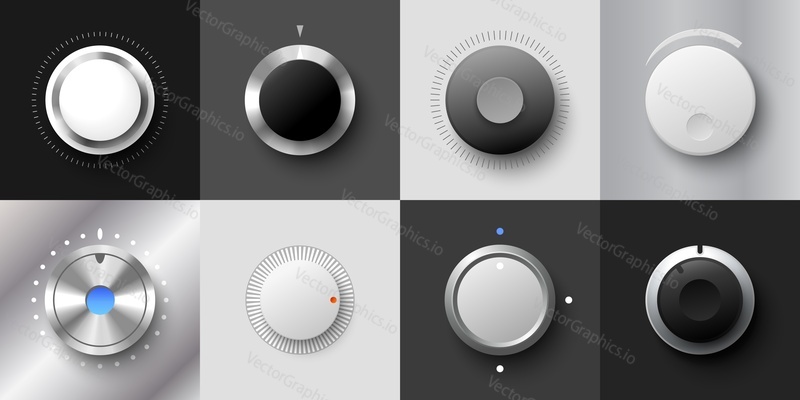 Kovové a plastové volume dial realistický vektor. Černobílé otočné tlačítko. Stereo zvuk kulatý tuner. Dashboard tumbler s kontrolní stupnicí. Panel audio switch set ilustrace