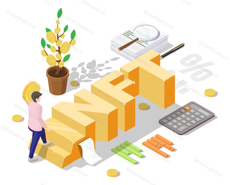 NFT obchodování vektorové ilustrace. Člověk, který investuje do nezaměnitelné jednotky. Blockchain digitální knihy, finanční obchod a koncept generativního umění NFT