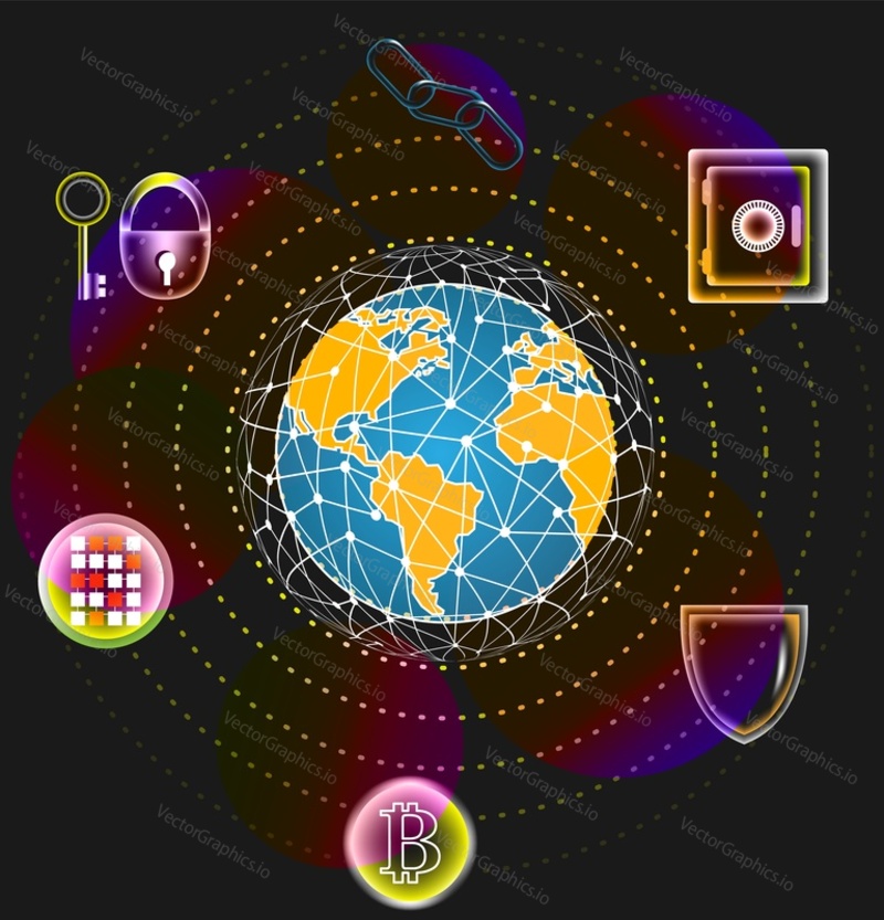 Векторная иллюстрация технологии блокчейна глобальной криптовалюты биткоин. Цифровые активы, типография NFT, виртуальная безопасность, футуристическая концепция метавселенной