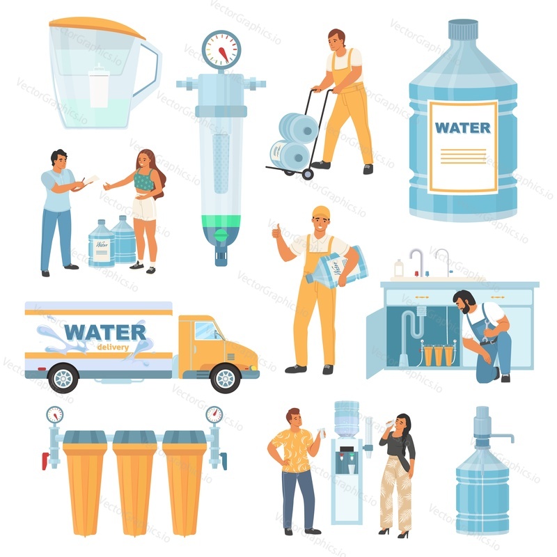 Water purification filter isolated vector set. Various tank and bottle for treatment and filtration system. Home undersink reservoir management and bottled clean drinkable aqua delivery