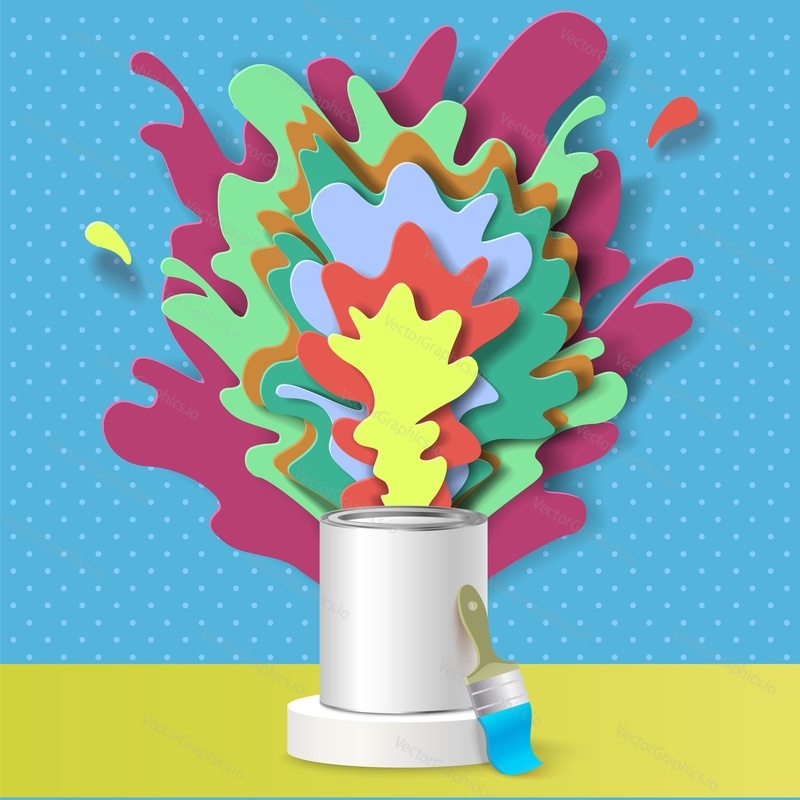 Tin of paint and brush with papercut colorful splash vector illustration. Container mockup on display podium with multi layers color splatter texture. Ads template