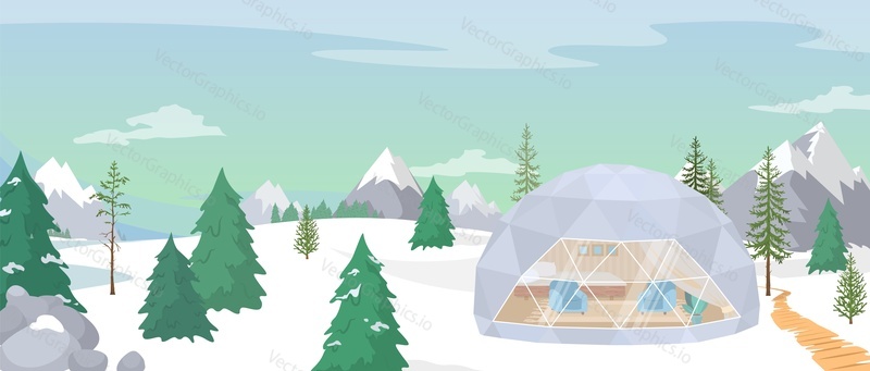 Winter glamping concept. Vector snowy forest with cozy tent house. Christmas nature landscape illustration. Holiday in cottage and season travel