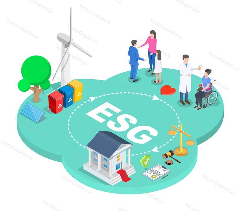 Управление ESG. Концепция охраны окружающей среды, социальной защиты и управления. Современное устойчивое развитие, страхование жизни, финансов и здоровья, альтернативная энергетика. Изометрическая 3d векторная иллюстрация