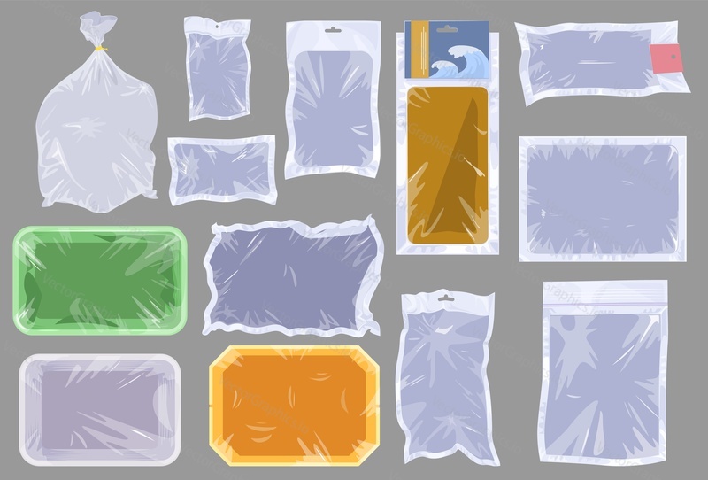 Empty blank vacuum plastic package isolated vector set. Product container, clear bag and polymer package, transparent pouch for save food storage in supermarket
