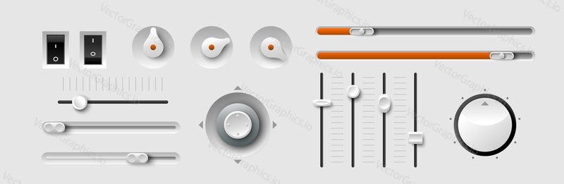 Realistický volume dial vector. Kovový a plastový rádiový knoflík. Stereo zvuk kulatý tuner, posuvník a tlačítko. Fader a tumbler s kontrolní stupnicí. 3D panel switcher set ilustrace