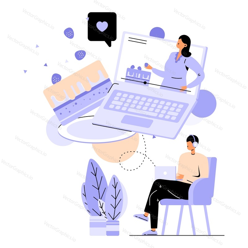 Cooking school blog vector. Man watching webinar masterclass lesson at home. New sweet cake recipe presentation. Woman chef baking dessert while streaming online video