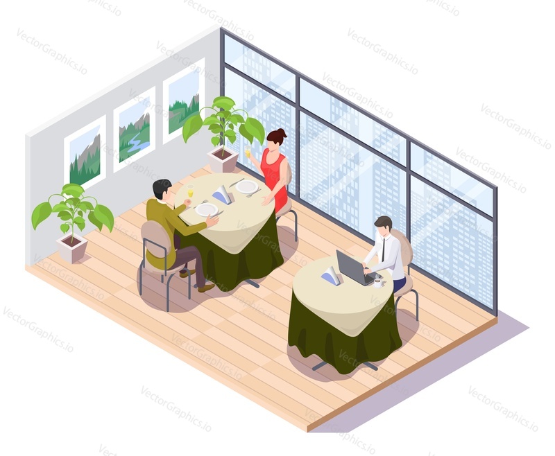 Lidé pracující online v kavárně pomocí vektorové ilustrace notebooku. Žena a muž sedí u stolu v restauraci zabývající se distanční práci. Nezávislý pracovník, koncept vzdáleného zaměstnance