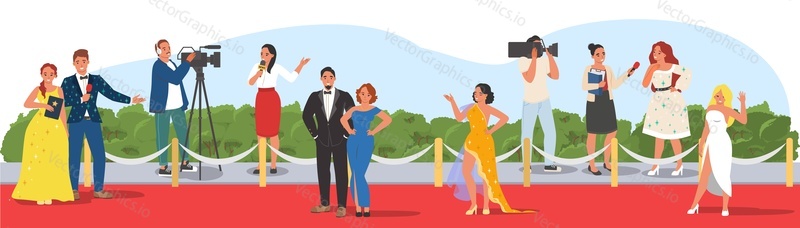 Celebrities walking on red carpet cartoon vector. People star posing to paparazzi and fan photographing on camera illustration. Movie festival, cinema or music party event, fashion show concept